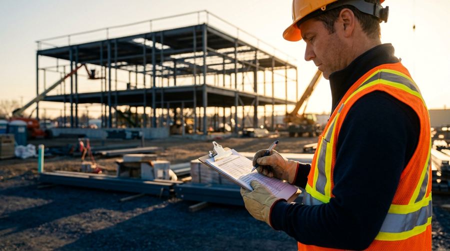 Inspector completing a checklist on a commercial job site